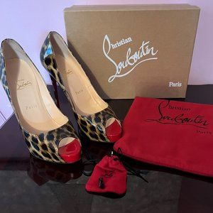CHRISTIAN LOUBOUTINS, SIZE 40, PATENT LEOPARD BROWN/RED